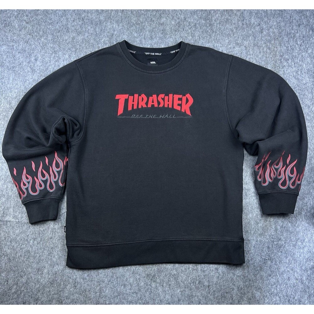 Vans X Thrasher Men's Sweatshirt Crewneck Fleece Black Flame Sleeves Size M
